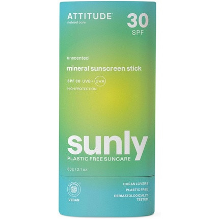 ATTITUDE Mineral Sunscreen Stick with Zinc Oxide SPF 30 EWG Verified Plastic-Free Broad Spectrum UVA/UVB Protection Dermatologically Tested Vegan Unscented 60g