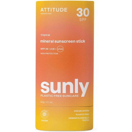 ATTITUDE Mineral Sunscreen Stick with Zinc Oxide SPF 30 EWG Verified Plastic-Free Broad Spectrum UVA/UVB Protection Dermatologically Tested Vegan Tropical 60g