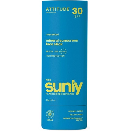 ATTITUDE Mineral Face Sunscreen Stick for Kids SPF 30 EWG Verified Plastic-Free Broad Spectrum UVA/UVB Protection with Zinc Oxide Dermatologically Tested Vegan Unscented 20g