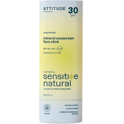 ATTITUDE Mineral Sunscreen Face Stick for Sensitive Skin SPF 30 EWG Verified Plastic-Free Broad Spectrum UVA/UVB Protection with Zinc Oxide Dermatologically Tested Vegan Unscented 20g