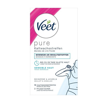 Veet Pure Cold Wax Strips for Bikini Zone & Armpits - Hair Removal for Sensitive Skin - Up to 28 Days Smooth Skin - 16 Cold Wax Strips