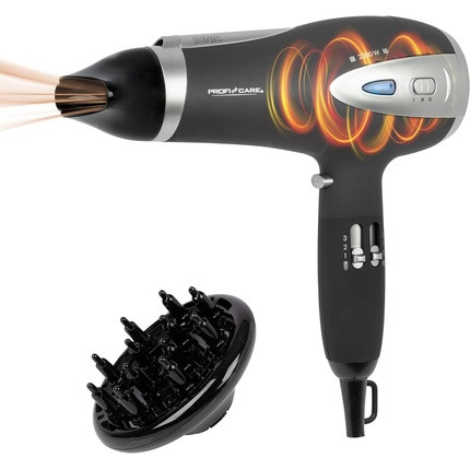 ProfiCare Hair Dryer with Ionization Function 2200W 3 Power Levels and 2 Blower Levels Includes Cool-Shot Dryer with Diffuser & Nozzle Black