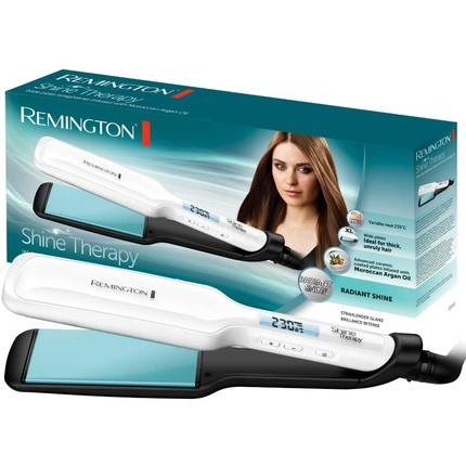 Remington Shine Therapy Wide Flat Iron with High-Quality Ceramic Coating Enriched with Micro-Particles for More Shine - Moroccan Argan Oil & Vitamin E LCD Display 150-230°C - S8550 Wide Flat Iron