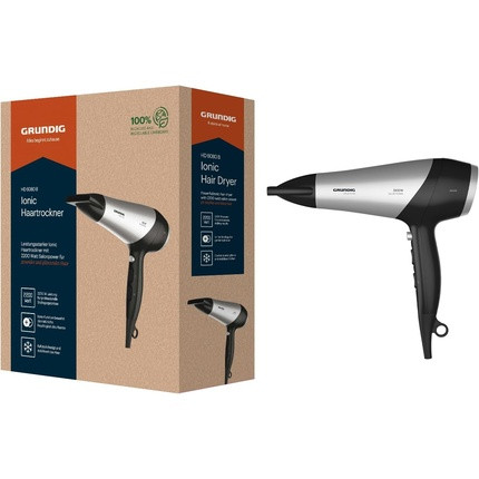 GRUNDIG HD 6080 B Hair Dryer 2200W with Ion Function 3 Temperature and 2 Airflow Settings Cold Shot Ceramic Coating 1.8m Cable Black/Silver