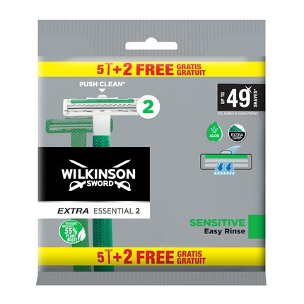 Wilkinson Sword Extra 2 Sensitive Disposable Razors 5 + 2 Pieces with Vitamin E Glide Strip for Skin Irritation Prevention Complete Shaving Protection 7 Pieces