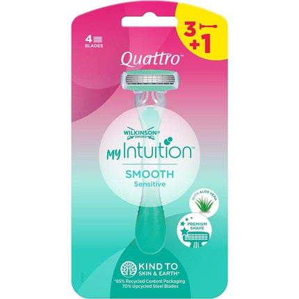 Wilkinson Sword MyIntuition Smooth Sensitive Quattro Disposable Razor for Women 4 Blades 2 Lubricating Strips with Aloe Vera and Vitamin E - Pack of 3+1