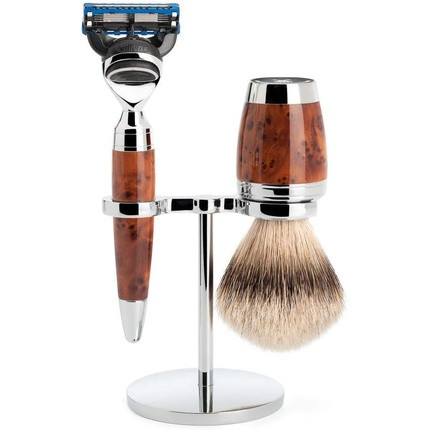 MÜHLE Stylo Series Shaving Set with Silvertip Badger Hair - Compatible with Gillette Blades - Thuja Wood