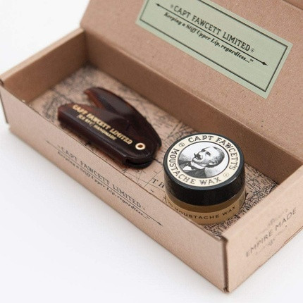 Captain Fawcett's Sandalwood Scent Moustache Wax & Folding Pocket Moustache Comb Gift Set - Made in England