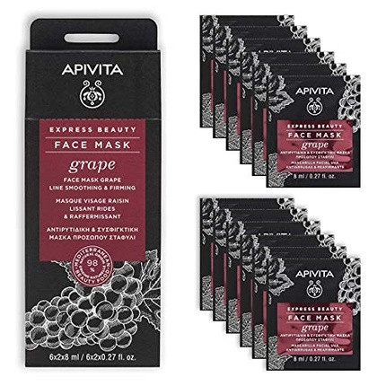 APIVITA Express Beauty Face Mask with Grape, Vitamin E, and A - Fine Lines Smoothing, Firming, Moisturizing, Regenerating Care for All Skin Types 12 Packettes x 0.27 Fl Oz