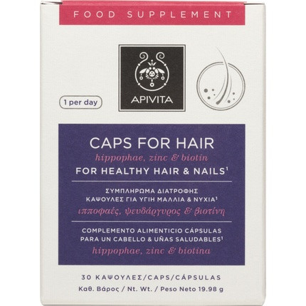 Apivita Food Supplement for Healthy Hair and Nails with Hippophae, Zinc, and Biotin