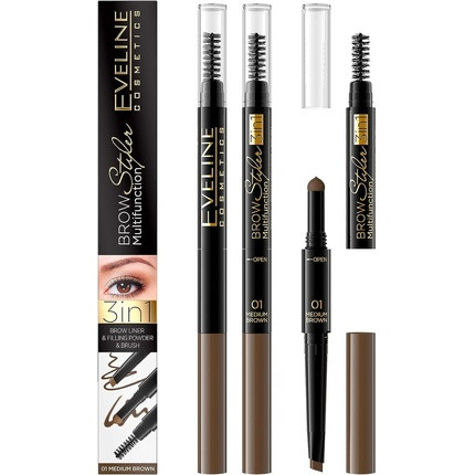 Eveline Cosmetics Brow Styler 3in1 Long-Lasting Multifunctional Double-Ended Eyebrow Pencil Definer Medium Brown Spoolie Brush Thin Tip for Natural Finish Powder to Fill in the Brows