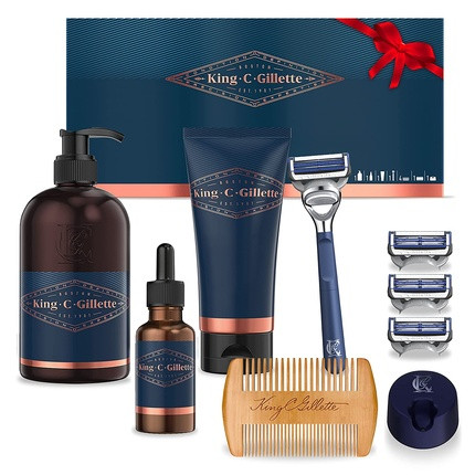 King C. Gillette 9-piece Men's Gift Set  or King C. Gillette Men's Gift Kit: Neck Razor + 3 Razor Blades + Clear Shaving Gel + Beard & Face Cleanser + Beard Oil + Beard Comb + Razor Stand or Kin