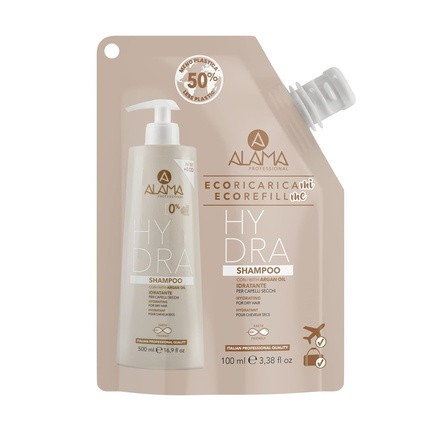 Alama Professional Eco-Refill Hydra Moisturizing Shampoo for Dry, Dull, Brittle Hair with Argan Oil, Vitamin E, Fatty Acids, Antioxidants - 100ml