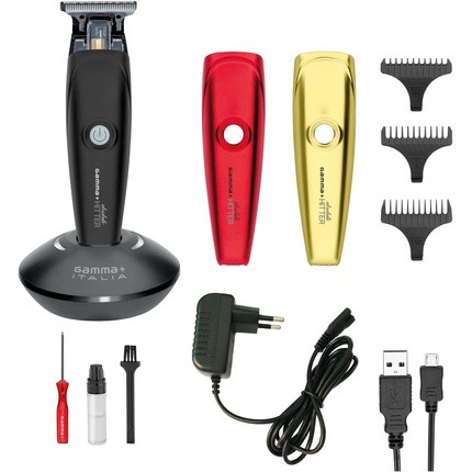 GAMMAPIU' Absolute Hitter Trimmer Professional Men's Haircut Machine with Interchangeable Cover Rechargeable Electric Beard Trimmer with Charging Station Cable and USB - Black Red Gold