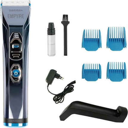 GAMMA+ Empyre Professional Men's Hair Clipper with 3-Speed Rotary Motor, White Ceramic Blade, 300 Minutes Cordless Autonomy, Adjustable Blade Button, Charging Station