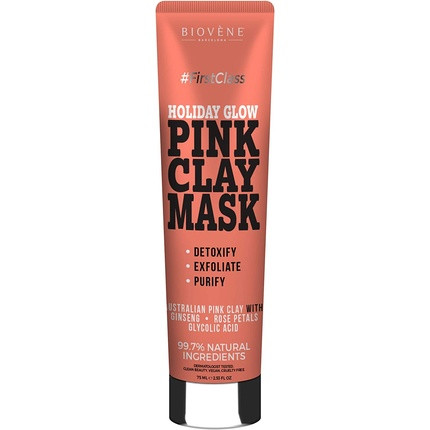 Biovène Holiday Glow Pink Clay Mask Australian Face Mask with Ginseng Rose Petals and Glycolic Acid 75ml