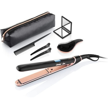 ETA Fenite Hair Straightener Gift Set with Ceramic Plates, LCD Display, Brush, Comb, Hair Clips, and Case