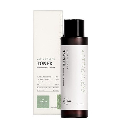 VILLAGE11FACTORY Active Clean Toner AHA BHA for Acne and Oily Skin 4.06 fl oz/120ml